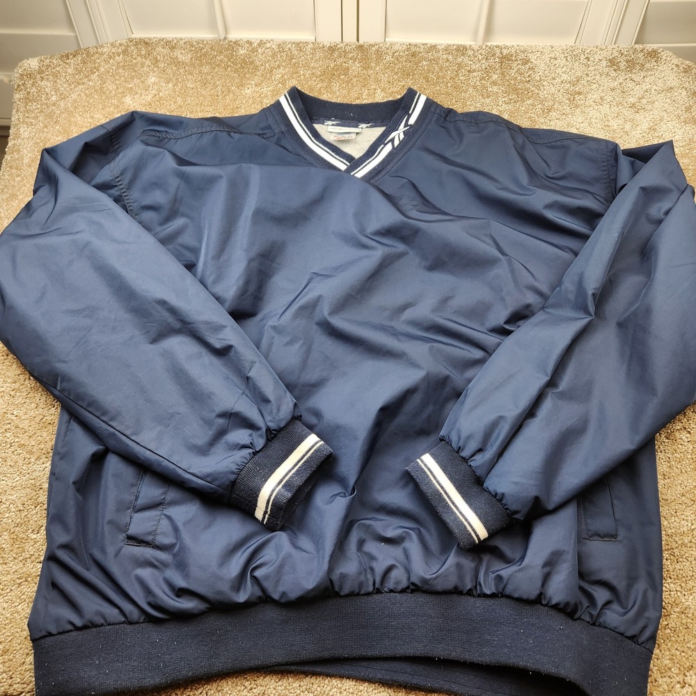 Reebok Mens XL V-Neck Windbreaker Pullover Navy Blue Striped Vector Logo Vintage